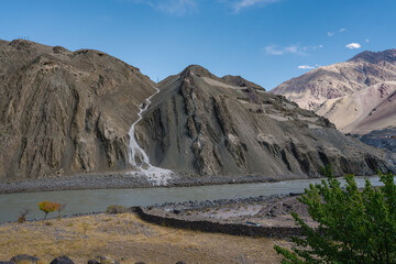 Beautiful scenery with mountains and rivers of blue sky at Ladakh, India.