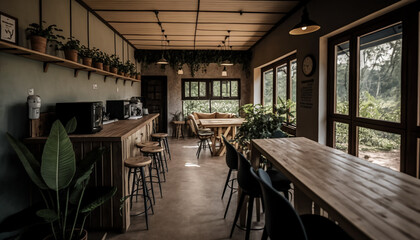 Fototapeta premium Co-working space, A rustic and nature-inspired co-working space located in a tranquil countryside setting Generative AI