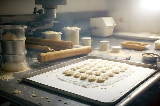 Small Bakery Kitchen: Raw Cookies, Rolling Pin, Flour. Photo generative AI
