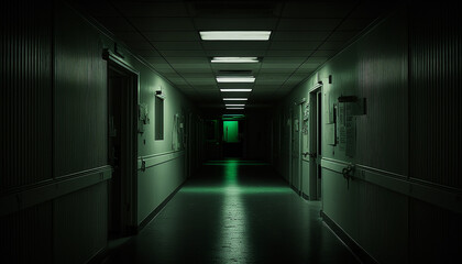 Hospital, The Long Night, The flickering fluorescent lights create an eerie and ominous atmosphere Generative AI
