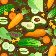 Vegetables seamless pattern of different fresh cucumber, carrot, avocado. Vector
