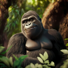 Happy smiling Gorilla at the forest. Generative AI