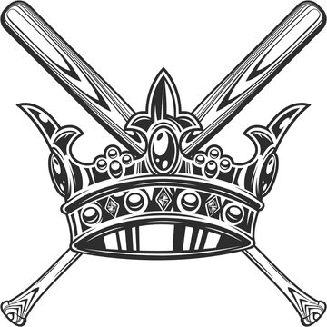 Baseball bat with king crown club emblem design elements template in vintage monochrome style isolated illustration