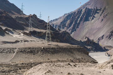 power transmission lines cross the mountains and rivers at Ladakh, in the Indian Himalayas.
