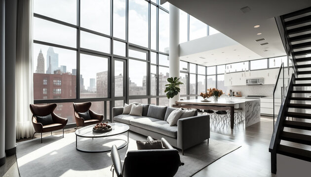 Real estate, A luxurious and modern penthouse located in the heart of the city, with floor-to-ceiling windows offering breathtaking views of the skyline Generative AI