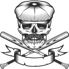 Skull in flat cap and mustache with baseball bat and ribbon club emblem design elements template in vintage monochrome style isolated illustration