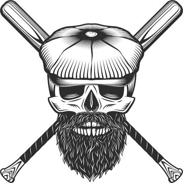 Skull in flat cap with beard and mustache with baseball bat club emblem design elements template in vintage monochrome style isolated illustration