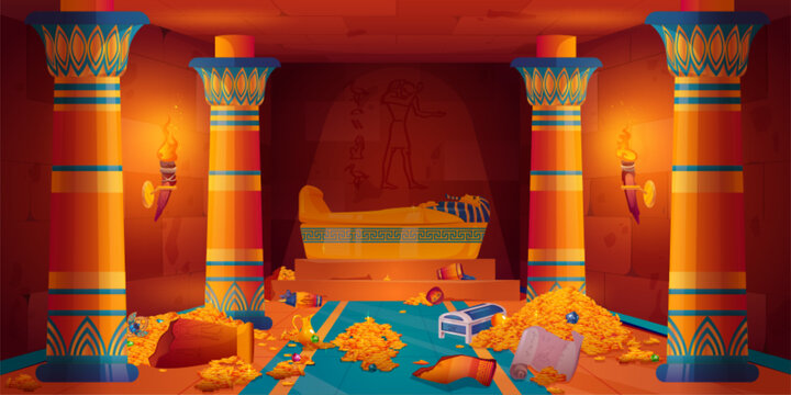 Ancient egyptian temple cartoon game vector background with tomb. Old civilization palace interior in pyramid asset for app ui. Gold pile of treasure, papyrus and sarcophagus. Torch with fire light