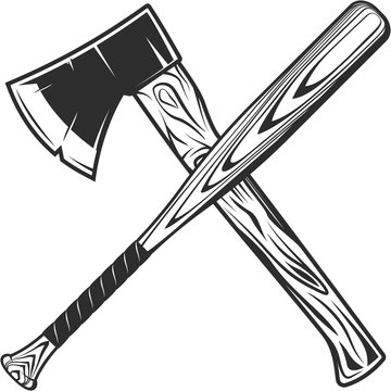 Lumberjack axe with baseball bat club emblem design elements template in vintage monochrome style isolated illustration