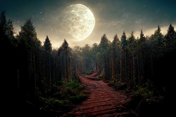 Hiking trail in the forest at night with full moon. Generative AI Oil painting