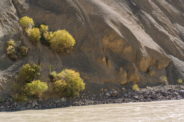 Indus river and mountains on either side at Ladakh, Himalayas, Jammu and Kashmir, Northern India