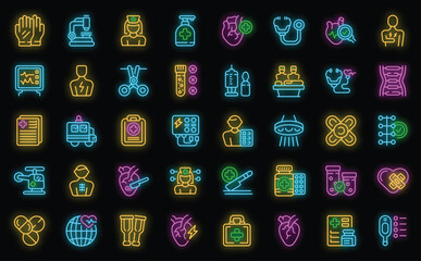 Cardiac surgeon icons set outline vector. Valve medication. Heart aortic neon color on black