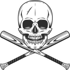 Skull with baseball bat club emblem design elements template in vintage monochrome style isolated illustration