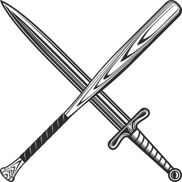 Knight sword with baseball bat club emblem design elements template in vintage monochrome style isolated illustration