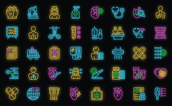 Cardiac surgeon icons set outline vector. Valve medication. Heart aortic neon color on black