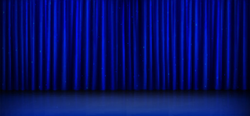 Blue curtain for theater or cinema stage. Movie, show or concert background with closed velvet curtains. Luxury theatrical fabric drapery with shine, vector realistic background