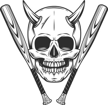 Skull and horn with baseball bat club emblem design elements template in vintage monochrome style isolated illustration