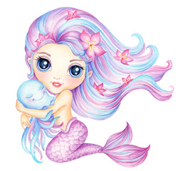 Cute little mermaid hugs octopus, watercolor hand drawing, friendship cartoon, undersea beautiful fairy princess love sea animals