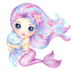Tuinposter Cute little mermaid hugs octopus, watercolor hand drawing, friendship cartoon, undersea beautiful fairy princess love sea animals © MarinadeArt