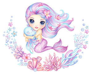Cute little mermaid hugs octopus in floral sea wreath, watercolor hand drawing, friendship cartoon, undersea beautiful fairy princess in frame of seaweed, corals and flowers - 578574781