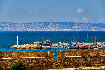 View of the port and city of haifa from the wall of Akko fortress, israel, on a nice sunny day