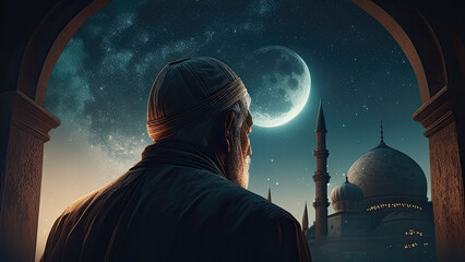 muslim old man praying on a starry and crescent moon moon night. Ramadan concept. Eid mubarak, Eid al adha, hajj and muharram islamic year concept. Generative AI