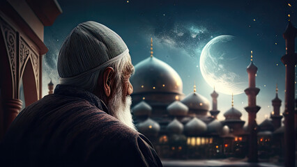 muslim old man praying on a starry and crescent moon moon night. Eid mubarak, eid al fitri, eid al adha, isra' mi'raj and Ramadan mubarak, ramadhan kareem concept. Generative AI	 - obrazy, fototapety, plakaty