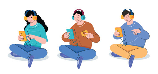 set of character people listening to music vector illustration
