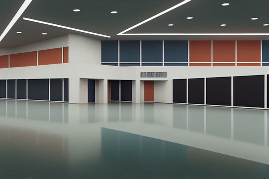 Empty convention hall center.The backdrop for exhibition stands,booth elements
.Meeting room for the conference.Big Arena for entertainment,concert,event. ballroom colorful.3d render. Generative AI