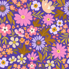 Obraz premium Fashionable abstract seamless background with bright pink and purple leaves and flowers on a purple background. Vector design. Floral background. Printing and textiles.