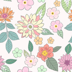 Fototapeta premium Botanical seamless pattern, various pink and yellow flowers on white, pastel vintage theme.