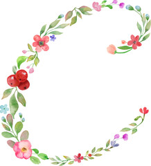Monogram letter C made of watercolor flowers, leaves, branches, berries. Hand drawing illustration isolated on white background. Vector EPS.