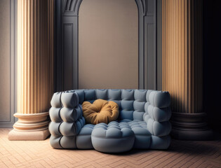 Velvety sofa embellished with an intricate woven border. Podium, empty showcase for packaging product presentation, AI generation.