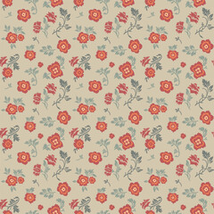 Seamless vintage pattern on beige background. Small red flowers with green leaves. Vector texture. Fashionable print for textiles and wallpaper.