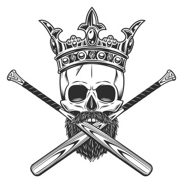 Skull in crown with beard and mustache with baseball bat club emblem design elements template in vintage monochrome style isolated vector illustration