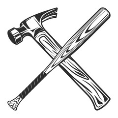 Construction hammer with baseball bat club emblem design elements template in vintage monochrome style isolated vector illustration
