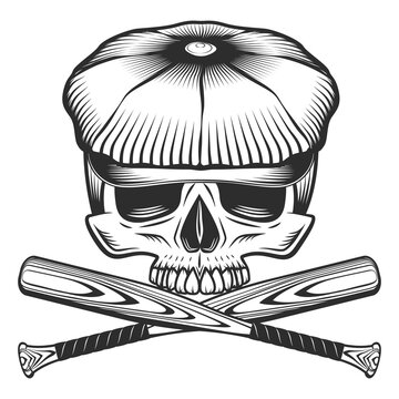 Half skull in flat cap with baseball bat club emblem design elements template in vintage monochrome style isolated vector illustration