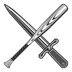 Dagger gangster knife with baseball bat club emblem design elements template in vintage monochrome style isolated vector illustration