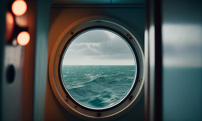 Blue sea view from window or porthole from boat , cruise ship cabin window looking out onto the sea on vacation transportation. Generative AI.
