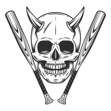Skull and horn with baseball bat club emblem design elements template in vintage monochrome style isolated vector illustration