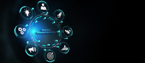 Business, technology, internet and network concept. Virtual screen of the future and sees the inscription: Business transformation. 3d illustration