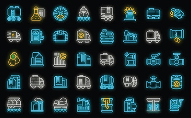 Gasoline tanker icons set outline vector. Oil ship. Fuel gas neon color on black