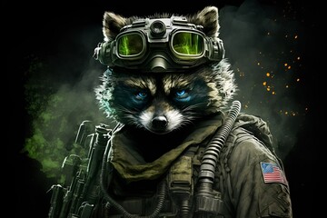 Portrait of a raccoon in a tactical military uniform, generative ai	
