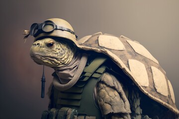Portrait of a tortoise in a tactical military uniform, generative ai	