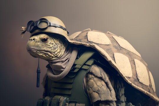 Portrait of a tortoise in a tactical military uniform, generative ai	