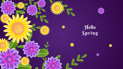 Hello spring. Beautiful purple spring landscape with floral design.
