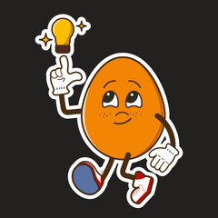 an egg character with an idea, points to a light bulb, a good idea has appeared, a vector character in the style of the 90s, 2K, retro sticker