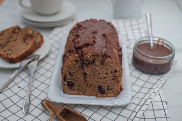 chocolate pound cake on a table