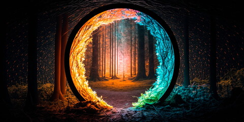 Glowing portal opening in the middle of a forest Generative AI