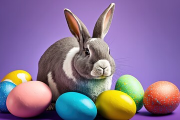Happy Easter bunny with many colorful easter eggs on purple background, generative ai